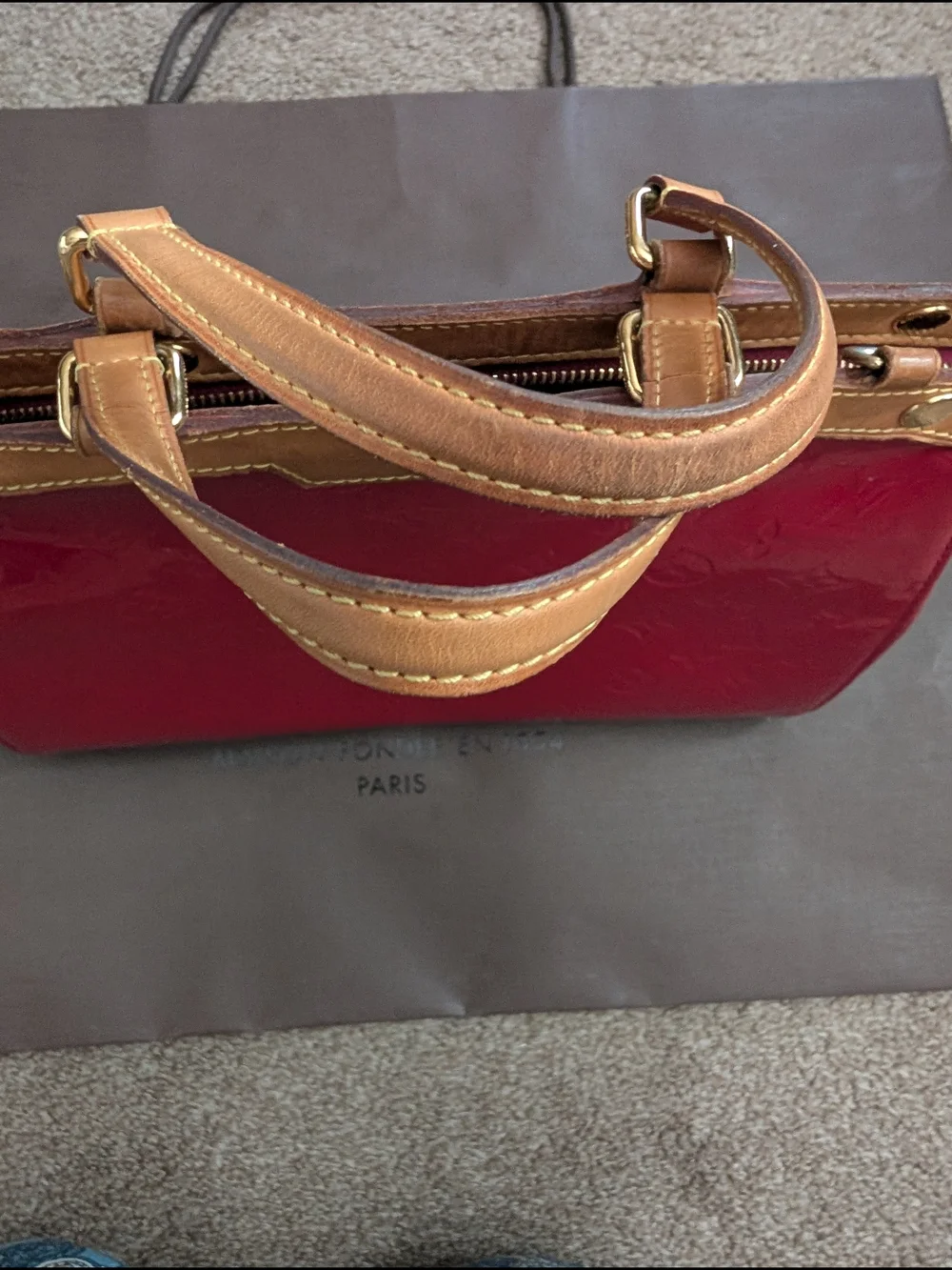Louis Vuitton Red Vernis Leather Shoulder Bag with Tan Trim